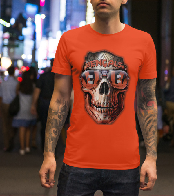 Bengals Skull Sunglasses 38 Orange T-Shirt