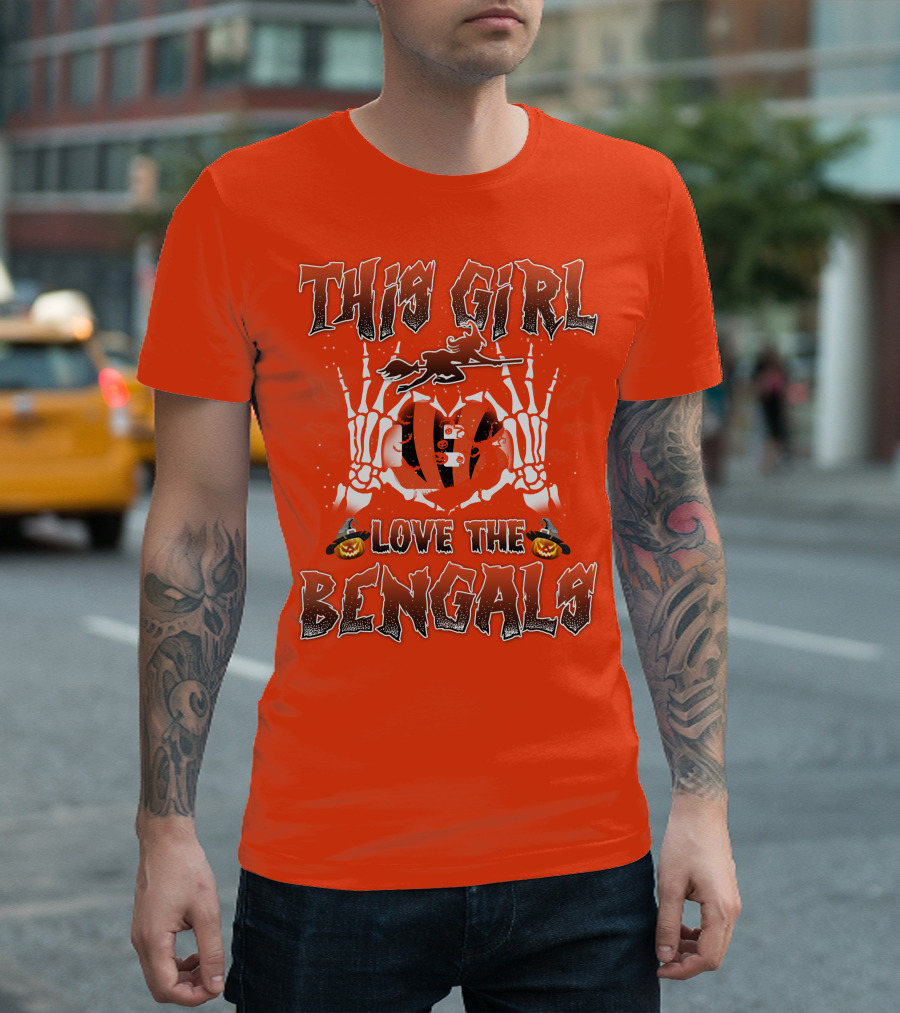This Girl Love The Bengals Halloween Skeleton Hands And Pumpkins T-Shirt