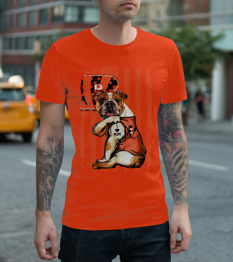Bulldog Cincinnati Bengals I Love Mom Orange Stripes T-Shirt