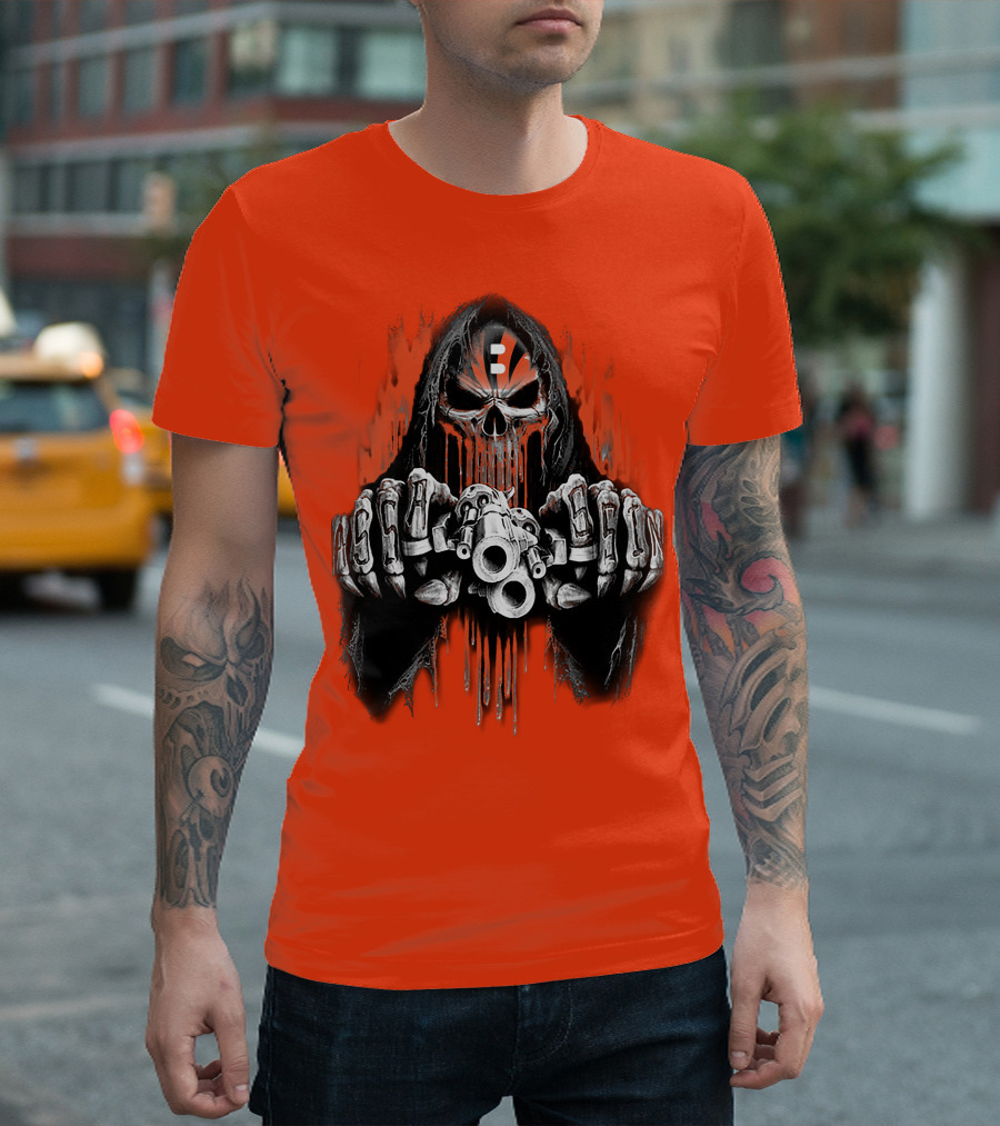 Cincinnati Bengals 41 Skeleton Skull With Guns T-Shirt