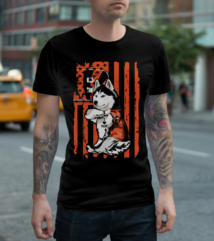 Siberian Husky in Cincinnati Bengals Jersey with I Heart Mom Tattoo on American Flag Background T-Shirt