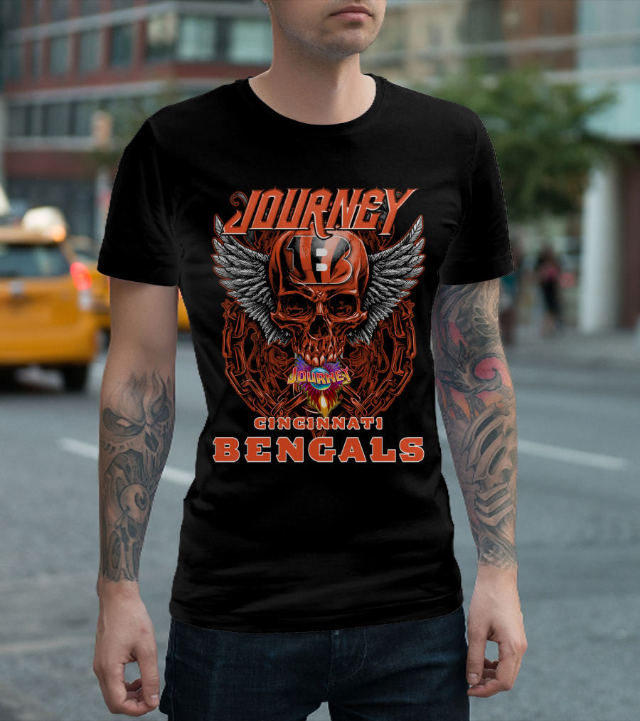 JOURNEY CINCINNATI BENGALS Skull Helmet Wings Chains Flame T-Shirt