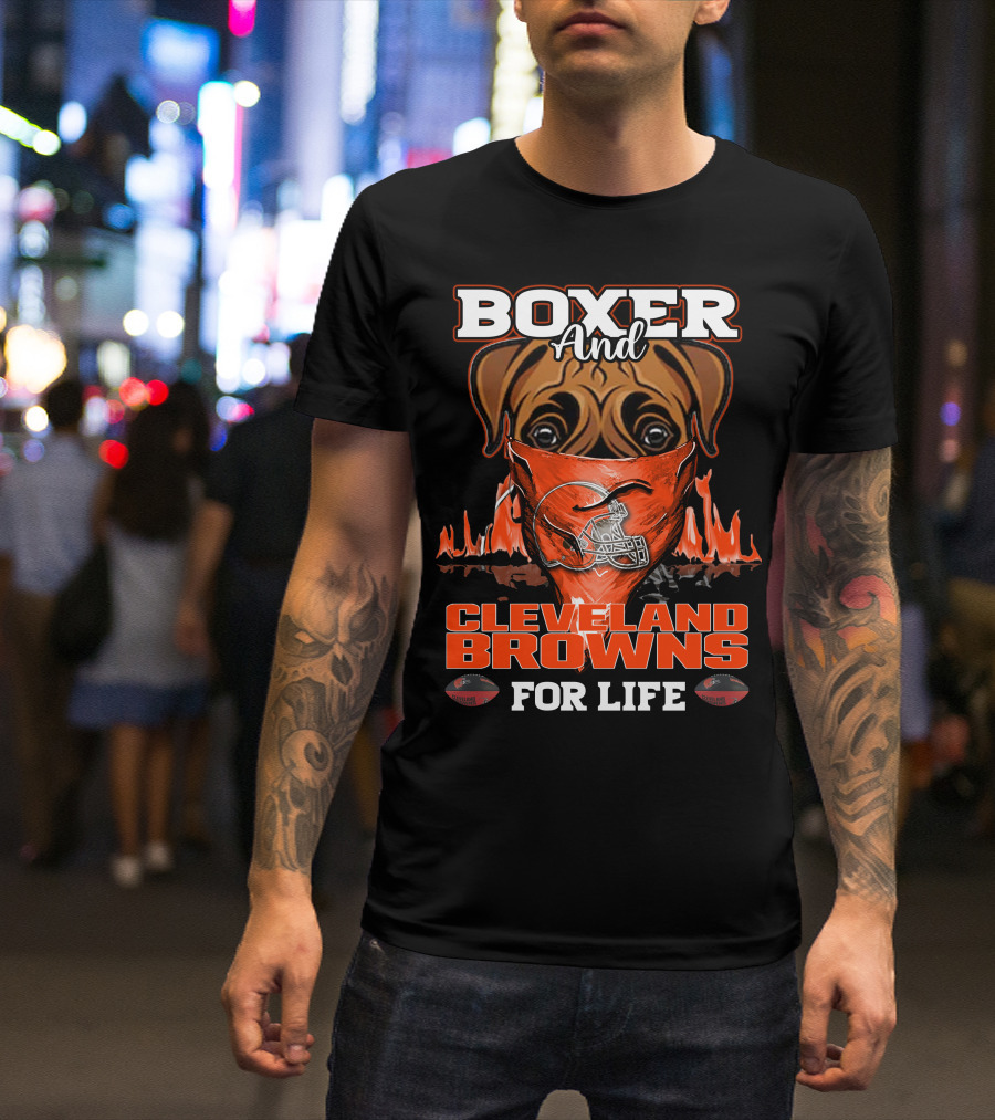Boxer And Cleveland Browns For Life Dog Helmet Fan Flame T-Shirt
