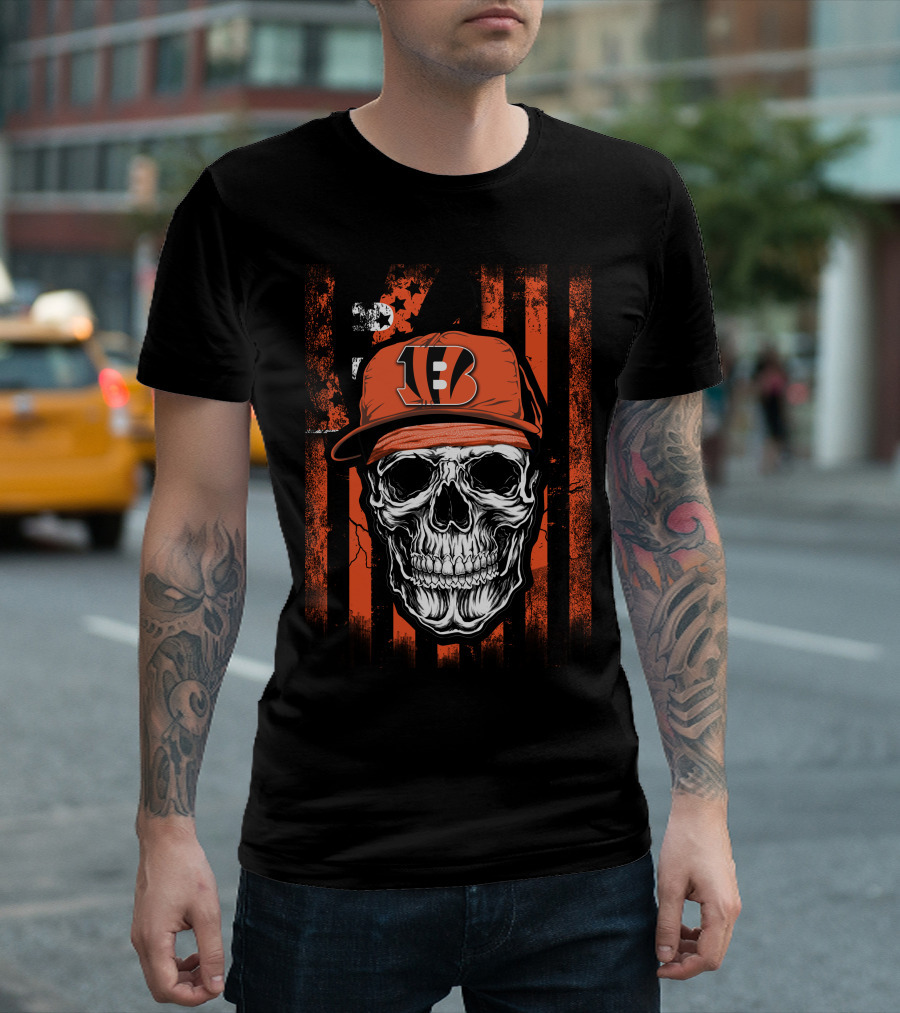 Skull Cincinnati Bengals Logo Hat with Stripes Background T-Shirt