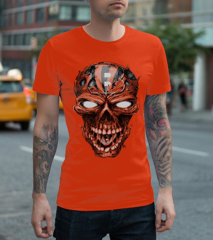 Cincinnati Bengals Skull V2 Creepy Horror Fan Gear T-Shirt