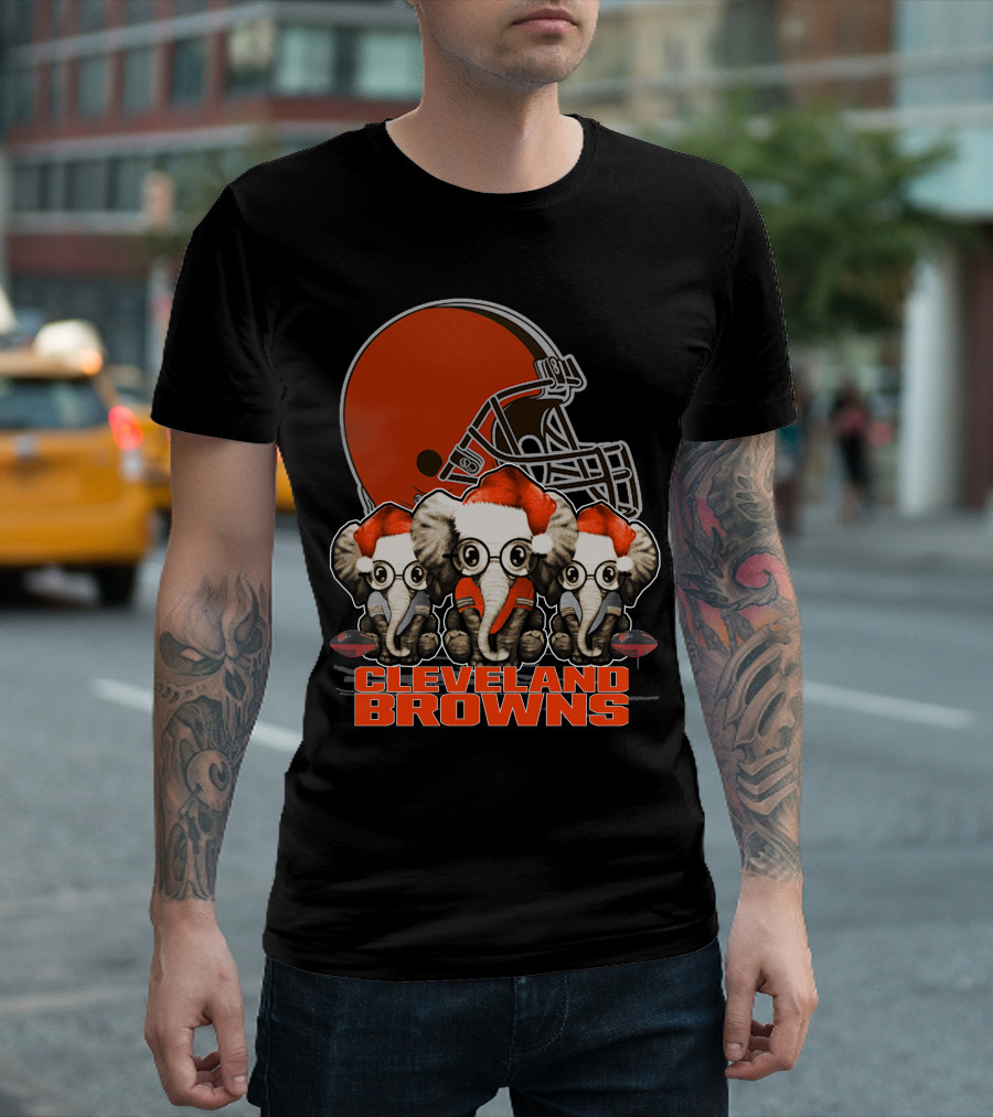 Cleveland Browns Christmas Elephants With Santa Hats T-Shirt
