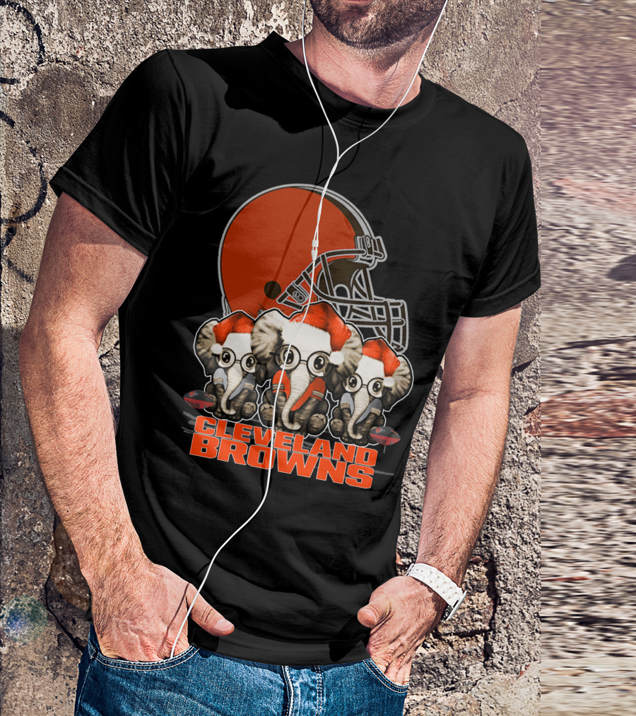 Cleveland Browns Christmas Elephants With Santa Hats T-Shirt