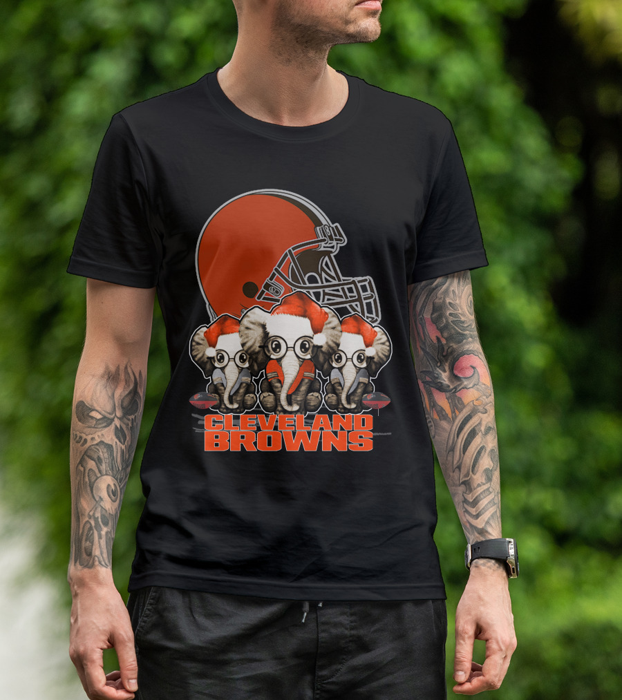 Cleveland Browns Christmas Elephants With Santa Hats T-Shirt