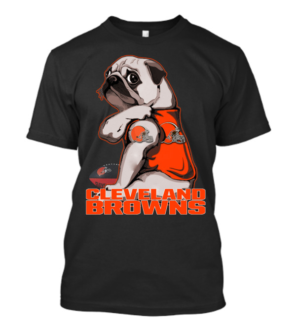 Cleveland Browns Pug In Orange Jersey With Football And Helmet T-Shirt