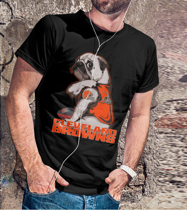 Cleveland Browns Pug In Orange Jersey With Football And Helmet T-Shirt