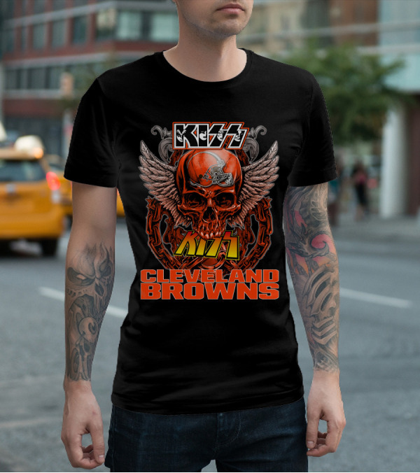 Kiss Cleveland Browns Skull Helmet Wings Chains T-Shirt