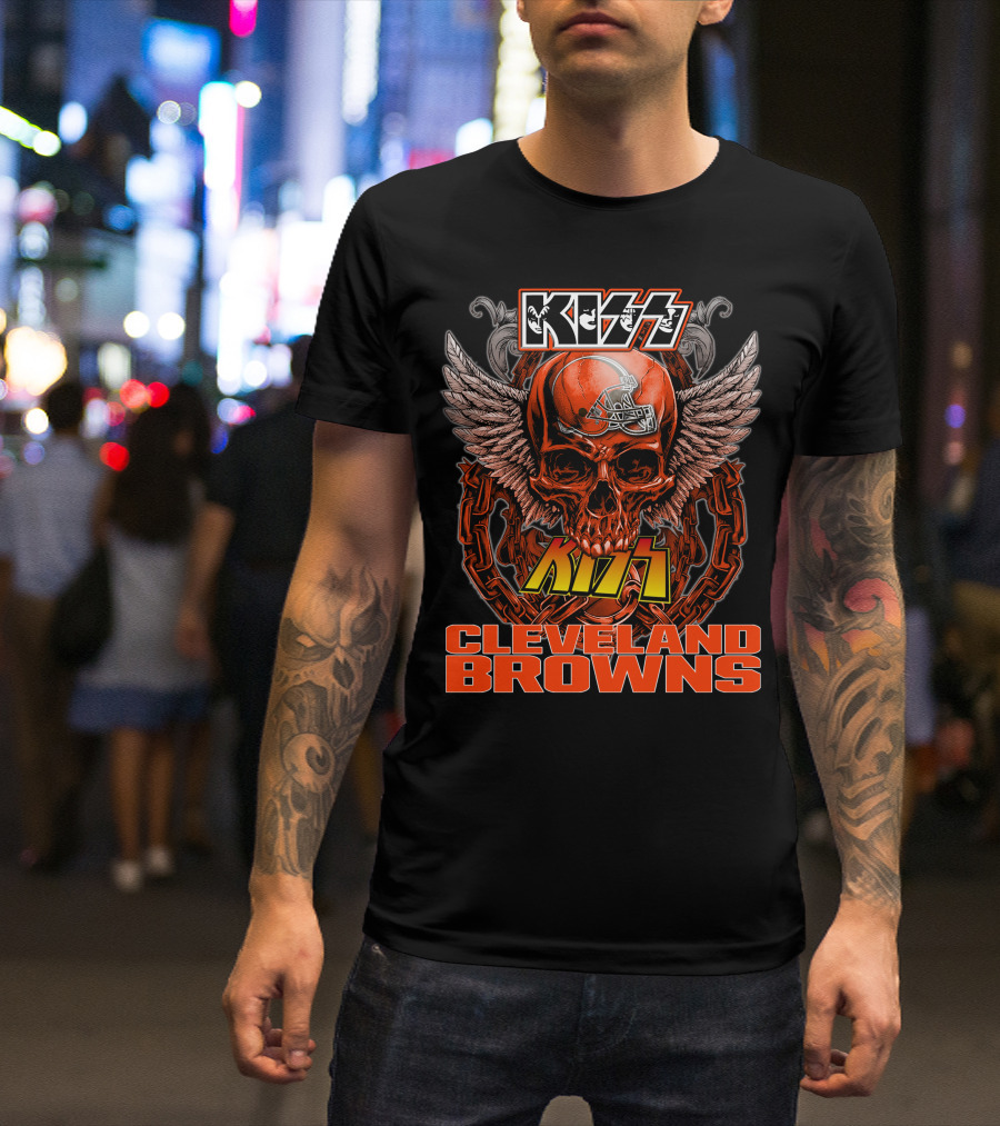 Kiss Cleveland Browns Skull Helmet Wings Chains T-Shirt