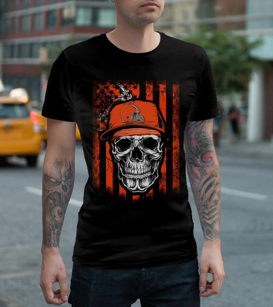 Skull in Cleveland Browns Helmet with Orange and Black Stripes T-Shirt