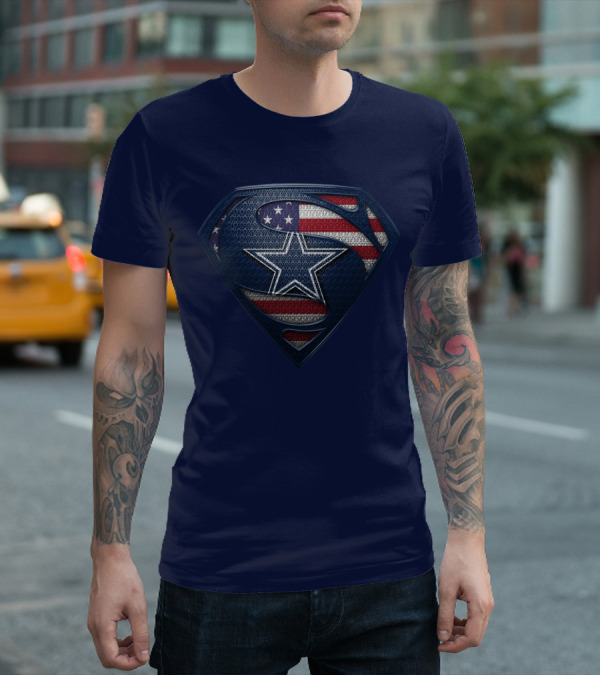 Spm DALLAS COWBOYS Superman Shield American Flag Star T-Shirt