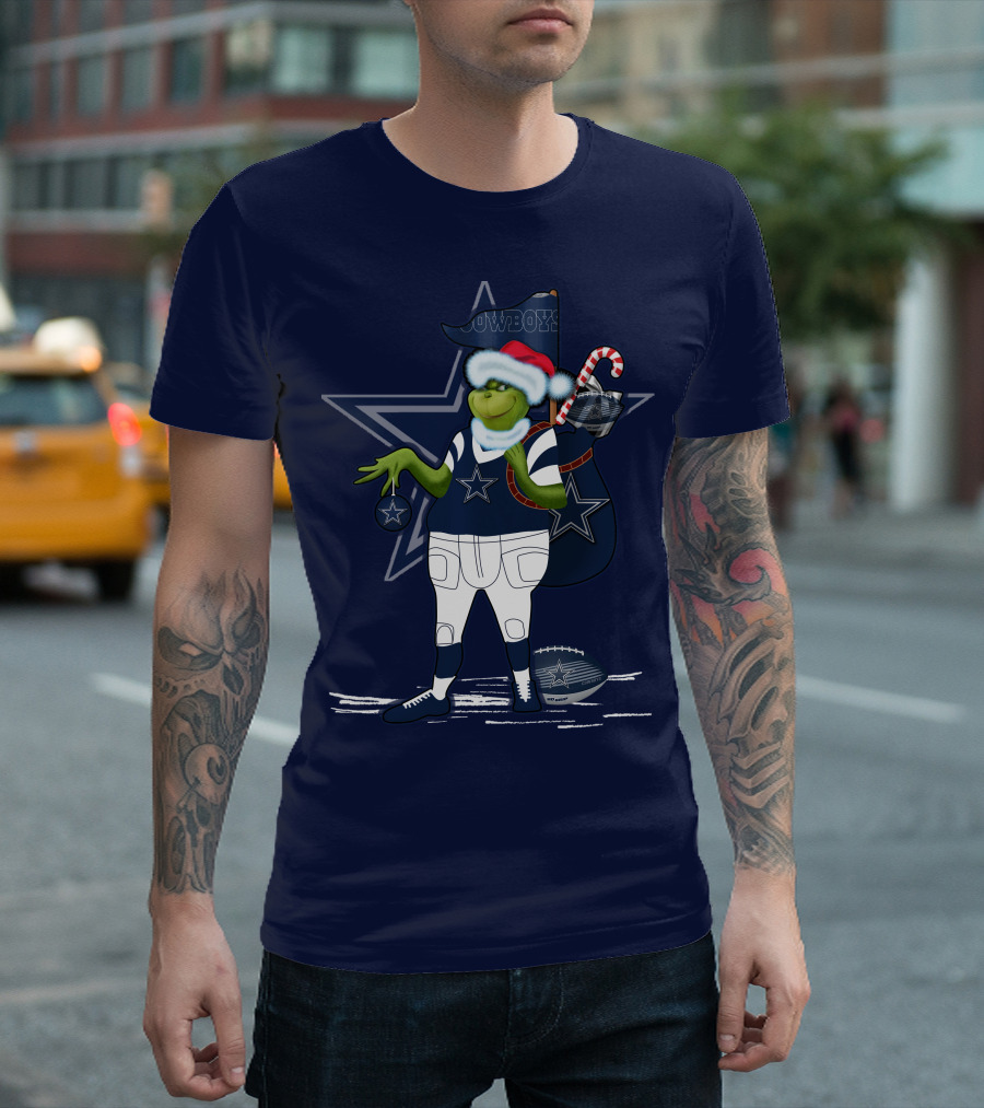 Grinchxmas Dallas Cowboys Holiday Cheer With Starry Football Twist T-Shirt
