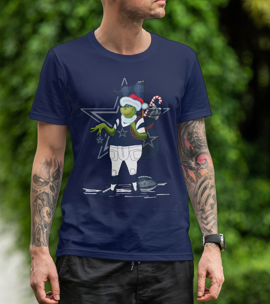 Grinchxmas Dallas Cowboys Holiday Cheer With Starry Football Twist T-Shirt