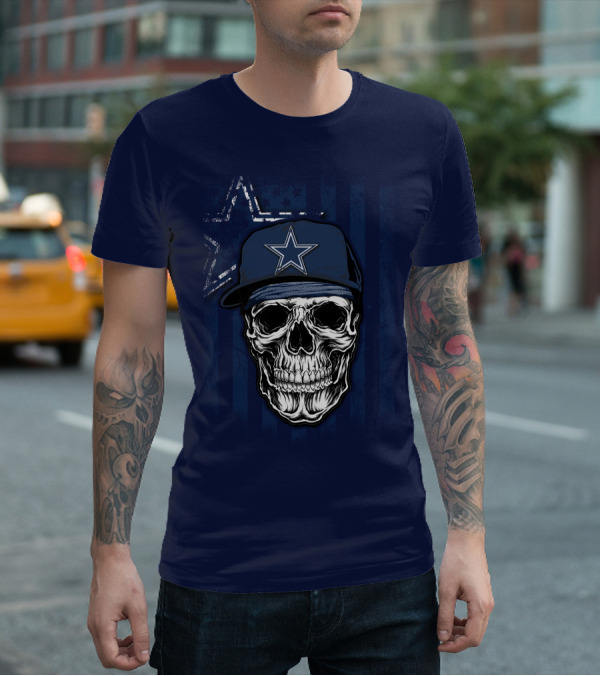 Skull Dallas Cowboys Star Cap With Stripes Background T-Shirt