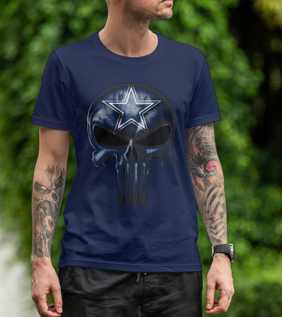 Skull Dallas Cowboys Star Logo Navy Background T-Shirt