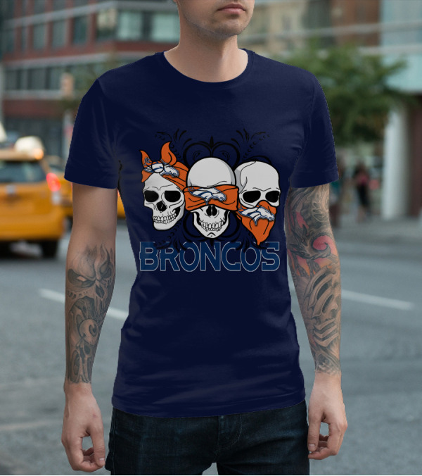 Broncos 3 Skull Bandana Denver Fans T-Shirt