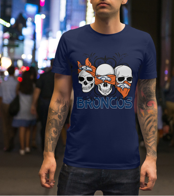 Broncos 3 Skull Bandana Denver Fans T-Shirt