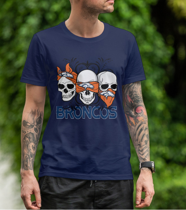 Broncos 3 Skull Bandana Denver Fans T-Shirt
