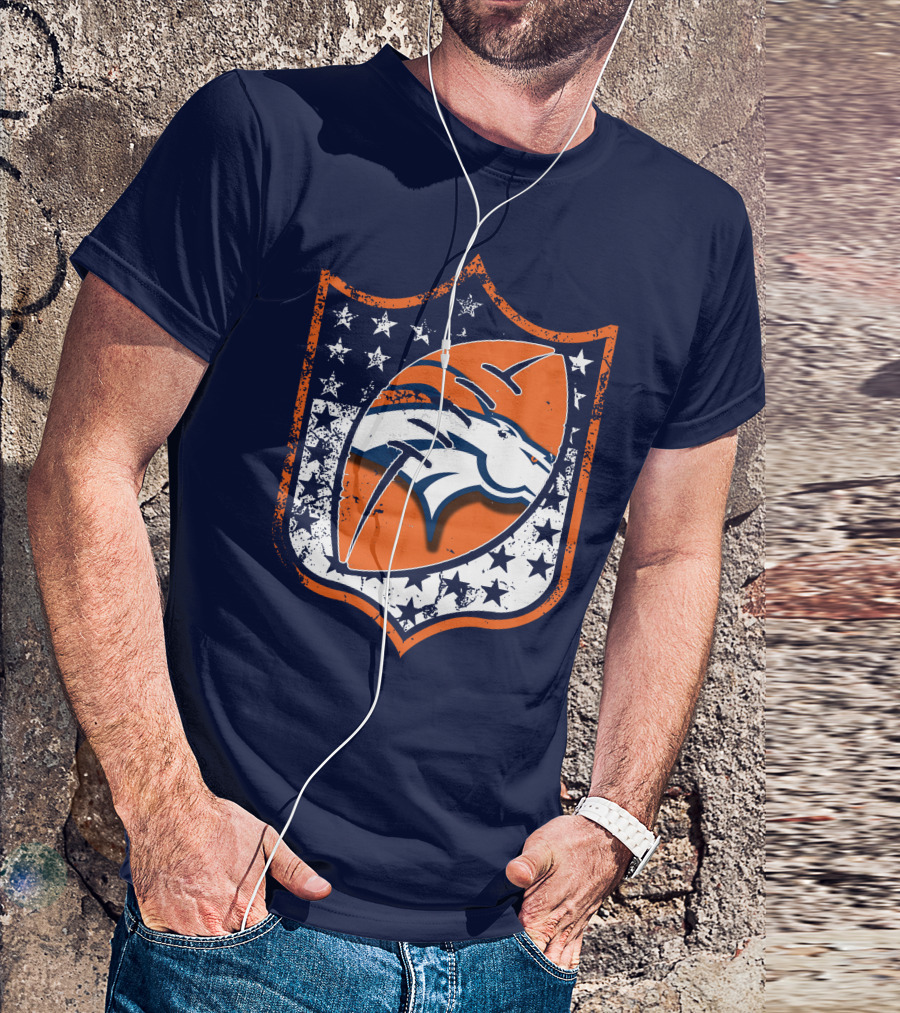Denver Broncos Vintage Logo With Stars And Orange Shield T-Shirt