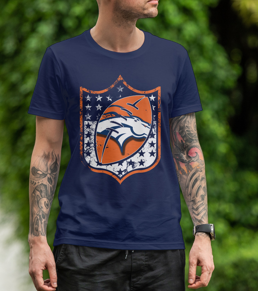 Denver Broncos Vintage Logo With Stars And Orange Shield T-Shirt