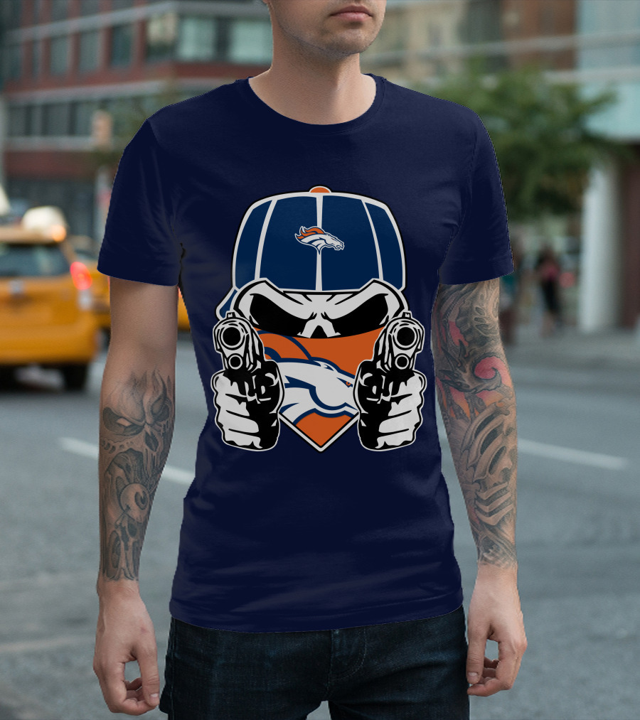 Denver Broncos Skull Bandana Dual Guns T-Shirt