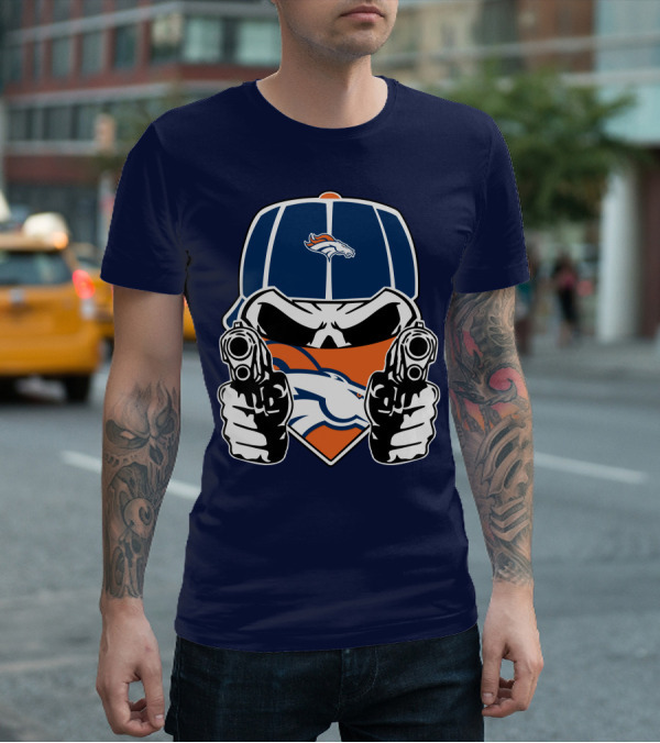 Denver Broncos Skull Bandana Dual Guns T-Shirt