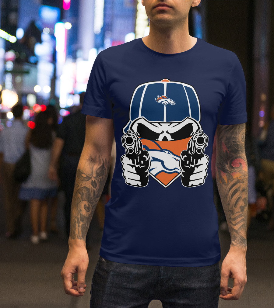 Denver Broncos Skull Bandana Dual Guns T-Shirt