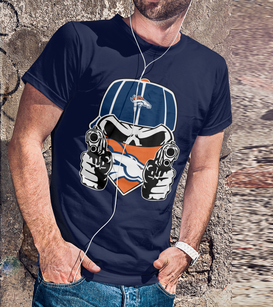 Denver Broncos Skull Bandana Dual Guns T-Shirt