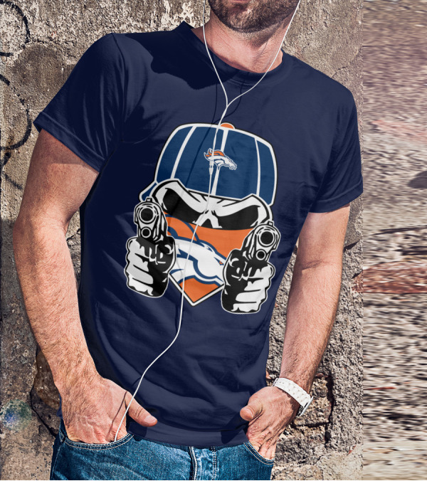 Denver Broncos Skull Bandana Dual Guns T-Shirt