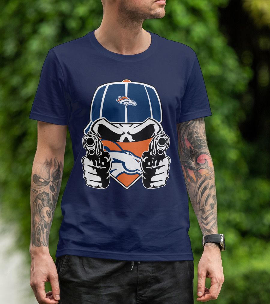 Denver Broncos Skull Bandana Dual Guns T-Shirt