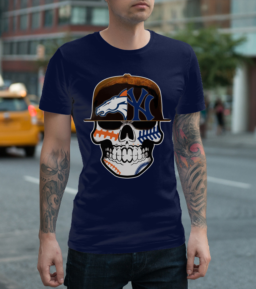 Denver Broncos New York Yankees Skull Sports Fusion T-Shirt