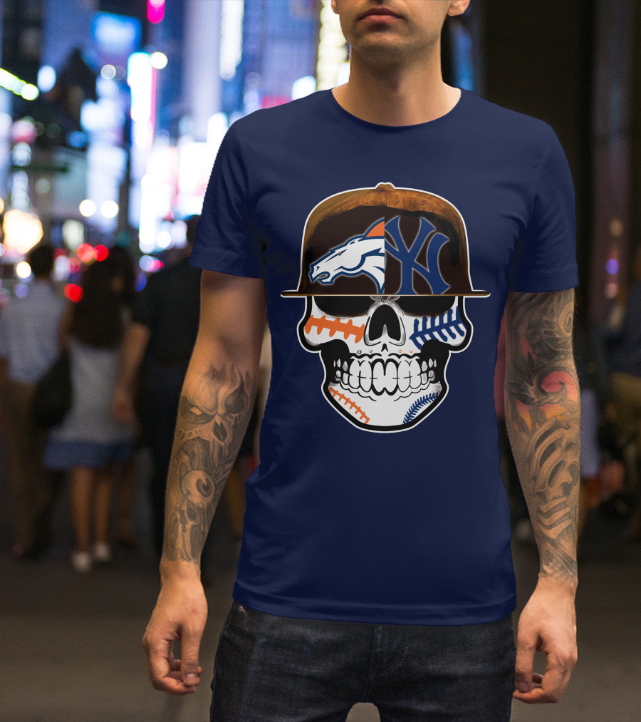 Denver Broncos New York Yankees Skull Sports Fusion T-Shirt
