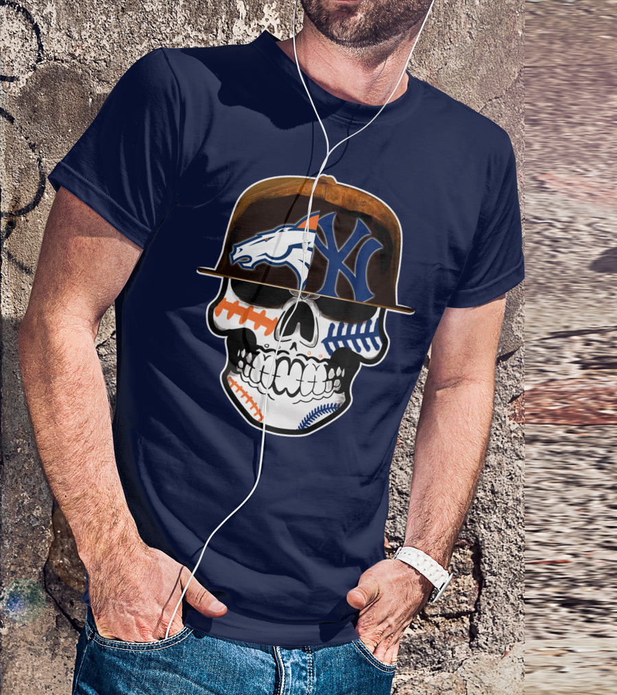 Denver Broncos New York Yankees Skull Sports Fusion T-Shirt