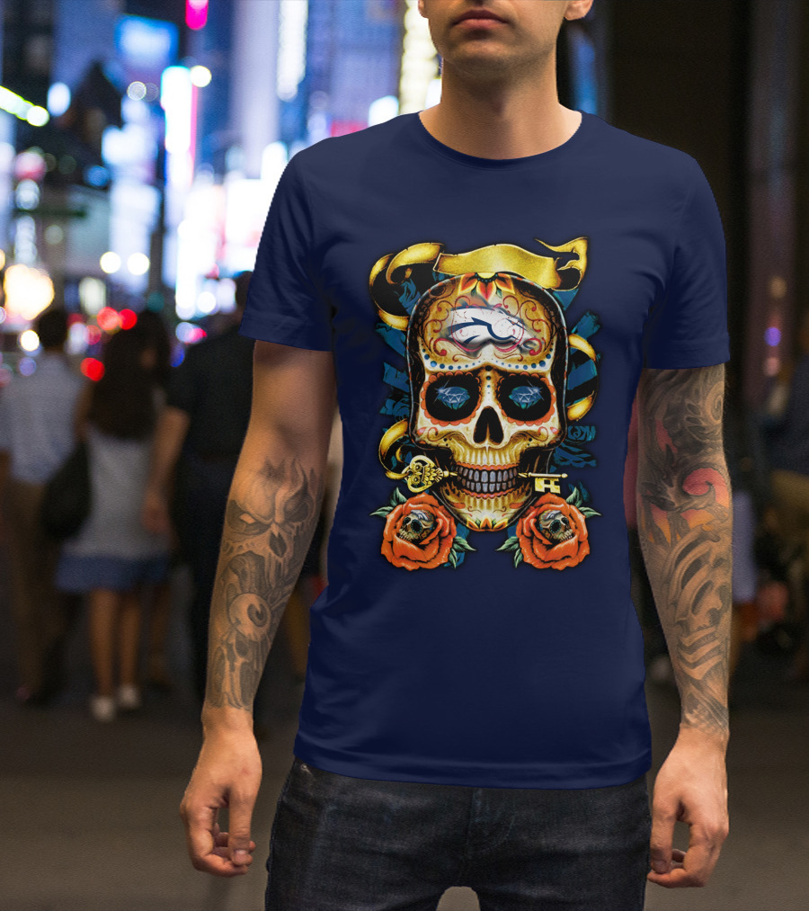 Denver Broncos 42 Sugar Skull Roses Key Ribbon T-Shirt