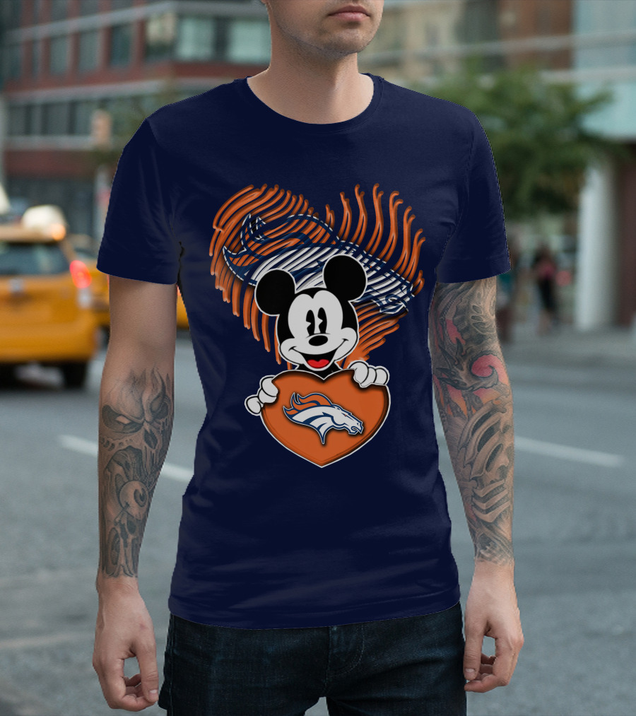 Mickey Mouse Holding Denver Broncos Logo Heart With Bronco Horse Outline T-Shirt