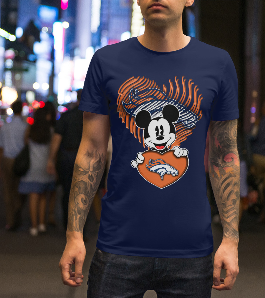 Mickey Mouse Holding Denver Broncos Logo Heart With Bronco Horse Outline T-Shirt