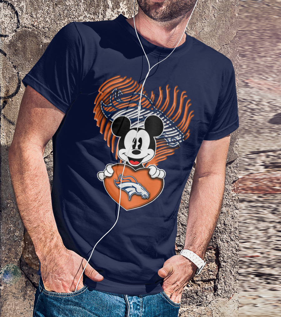 Mickey Mouse Holding Denver Broncos Logo Heart With Bronco Horse Outline T-Shirt