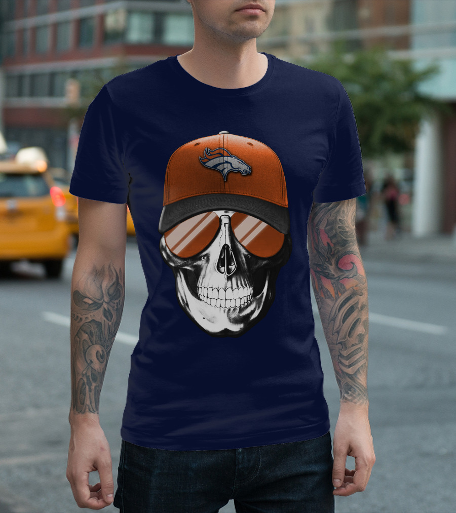 Skull V7 Denver Broncos Cap And Sunglasses T-Shirt