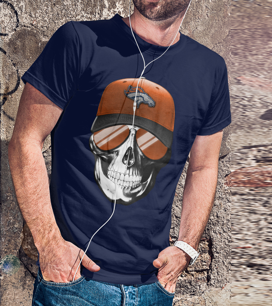 Skull V7 Denver Broncos Cap And Sunglasses T-Shirt