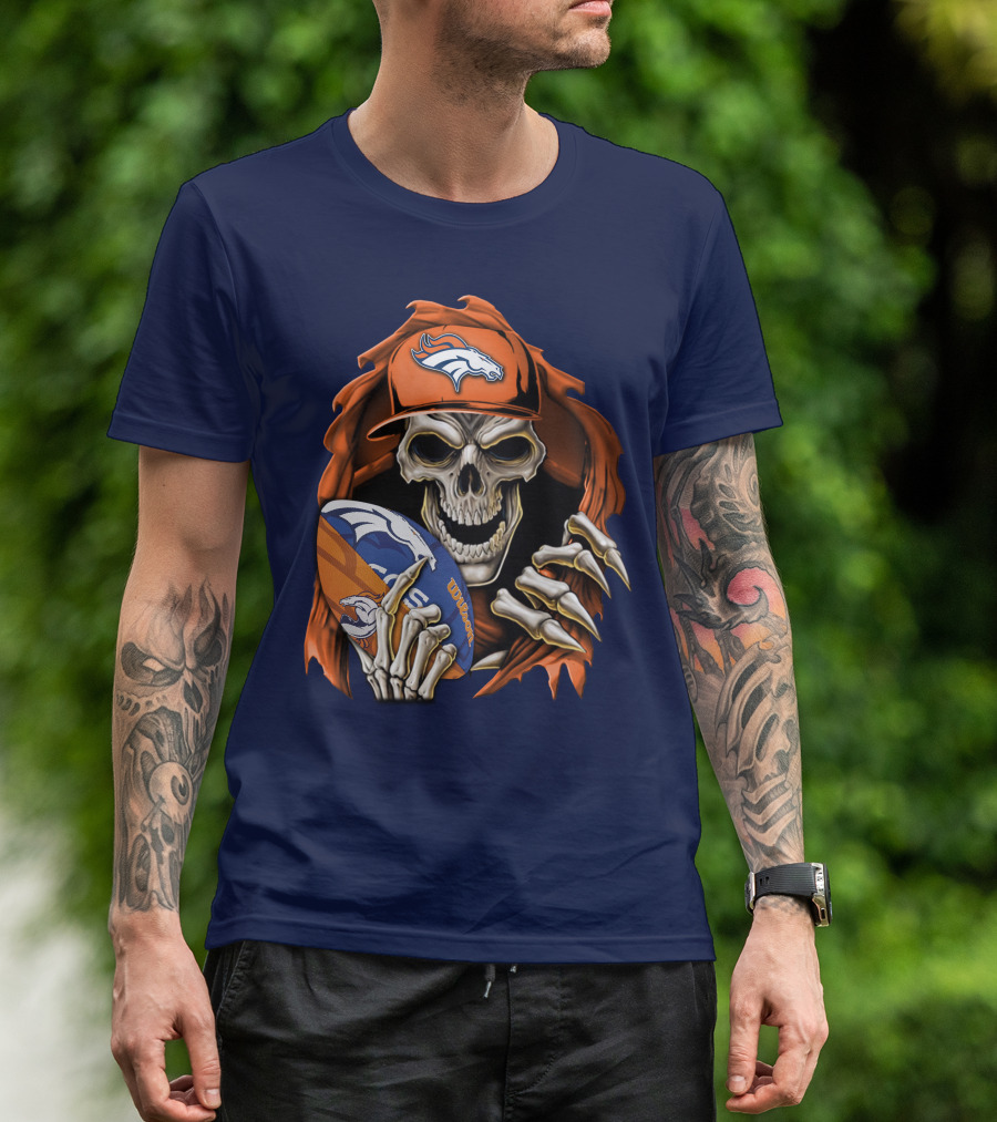 Skullbong Denver Broncos Skeleton Holding Football With Team Logo Helmet And Cap T-Shirt