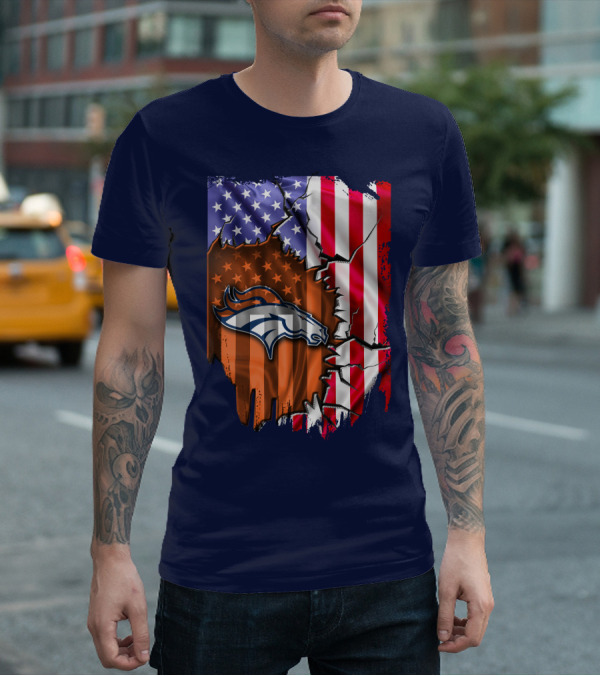 Flag V2 Denver Broncos American Flag Rip Style T-Shirt