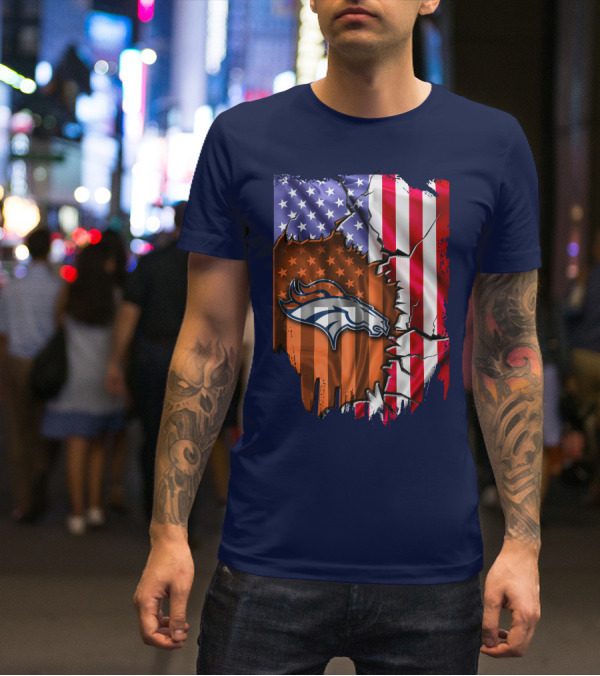 Flag V2 Denver Broncos American Flag Rip Style T-Shirt