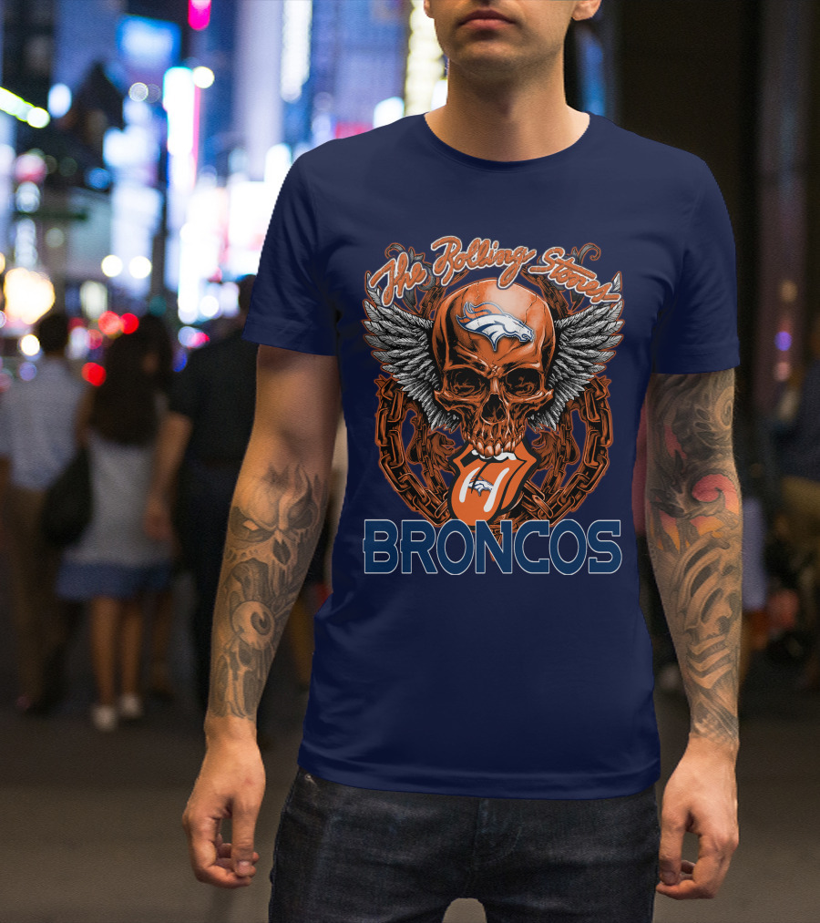 The Rolling Stones Broncos Winged Skull Denver Broncos Logo Tongue T-Shirt