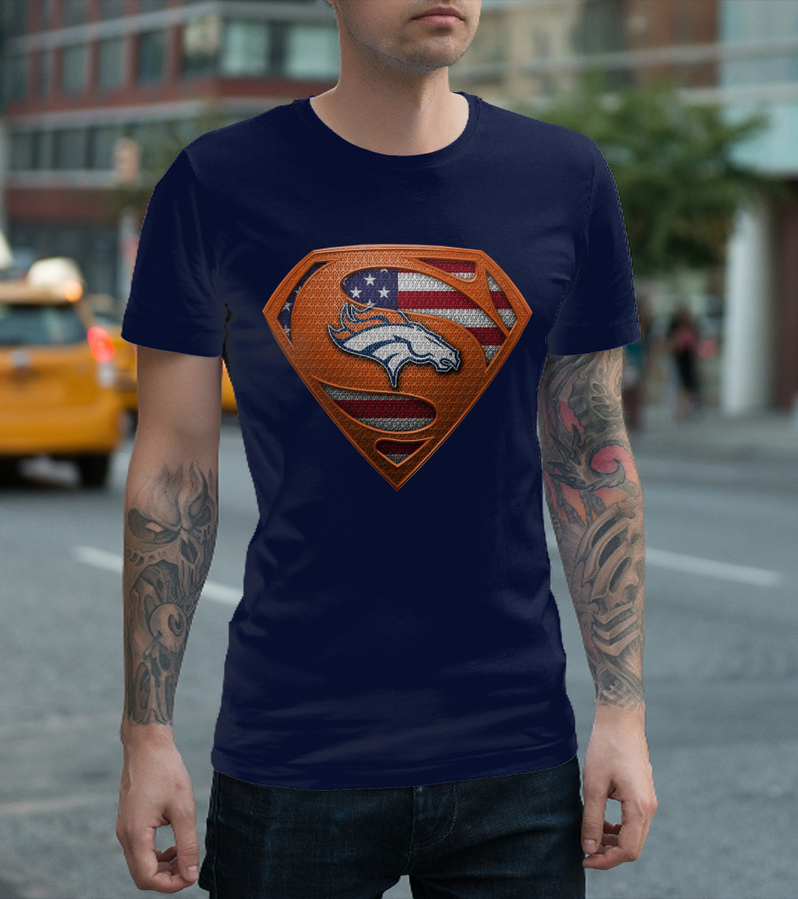 Denver Broncos Superhero Shield American Flag T-Shirt