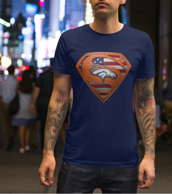 Denver Broncos Superhero Shield American Flag T-Shirt