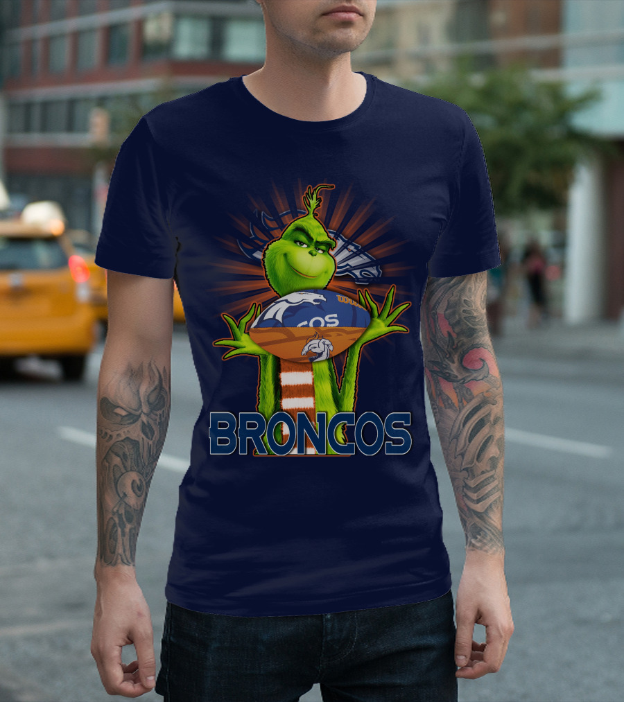 Grinch Holding Denver Broncos Football T-Shirt