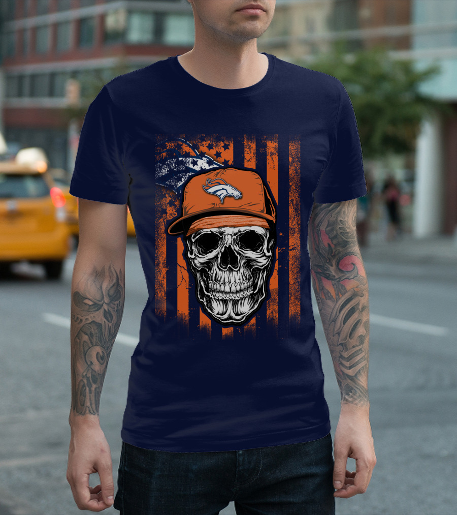 Skull V1 Denver Broncos Flag Style Football Skull Cap T-Shirt